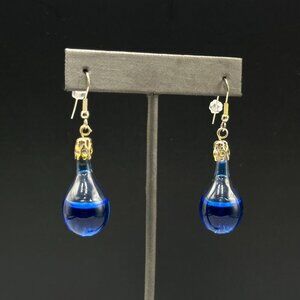 3/$30 Blue Glass Teardrop Dangle Earrings Liquid Filled Gold Tone Caps 2 Inch